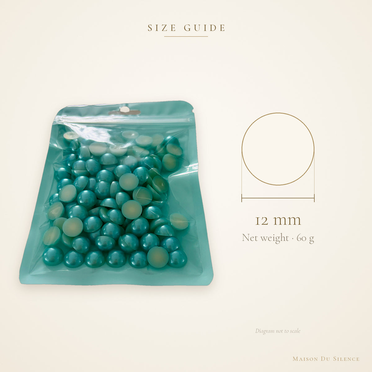 Size guide for aquamarine half pearls, 12 mm, 60g