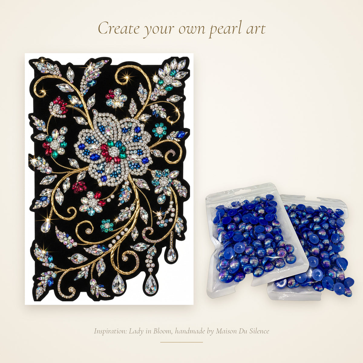 Sapphire half pearls beside a handmade Maison Du Silence crystal and pearl artwork for inspiration
