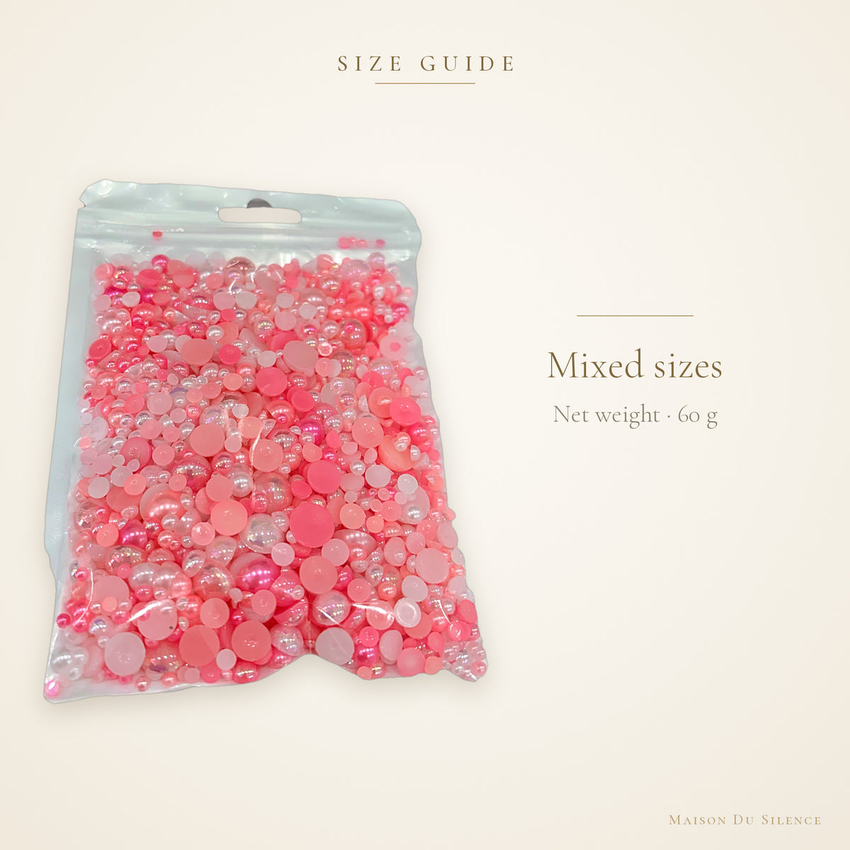 Size guide for pink half pearl mix, 60g, mixed sizes