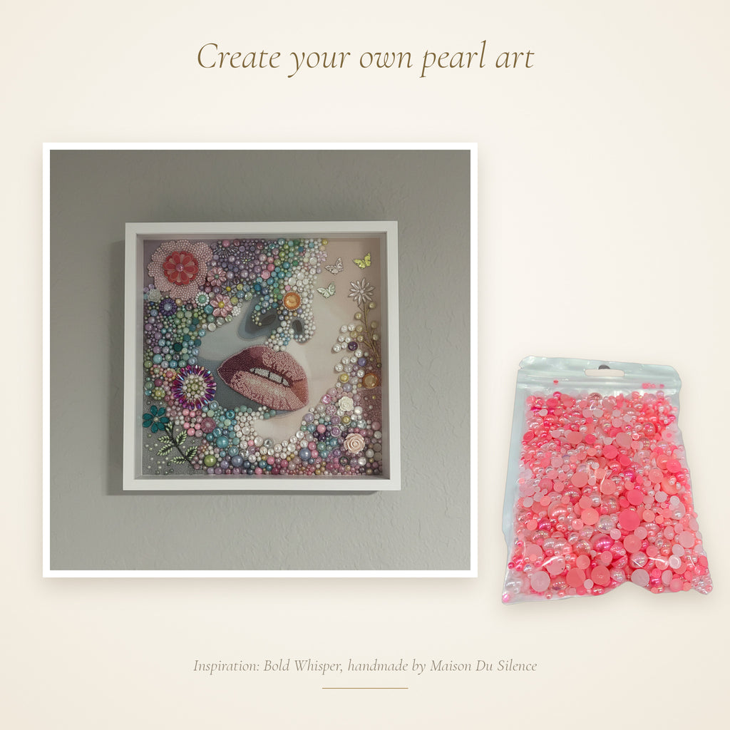 Pink half pearls beside a handmade Maison Du Silence crystal and pearl artwork for inspiration