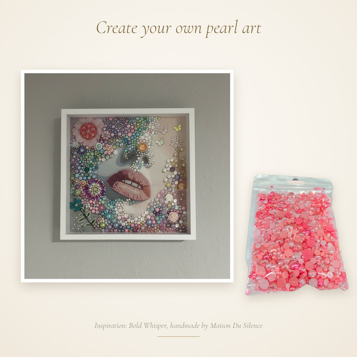 Pink half pearls beside a handmade Maison Du Silence crystal and pearl artwork for inspiration