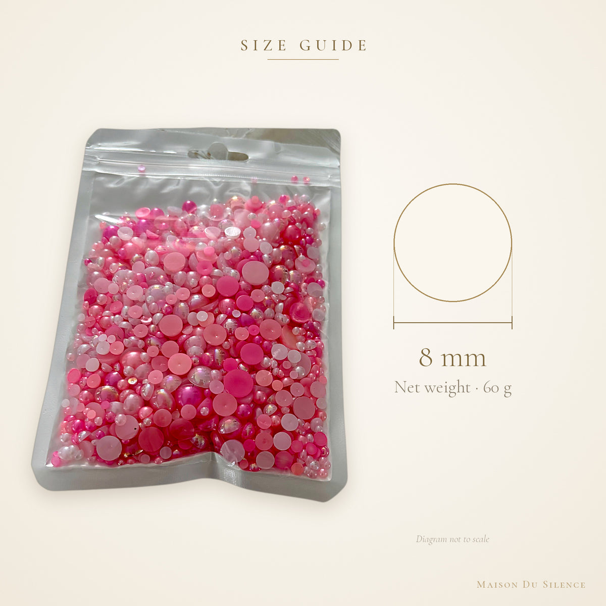 Size guide for pink half pearls, 8 mm, 60g