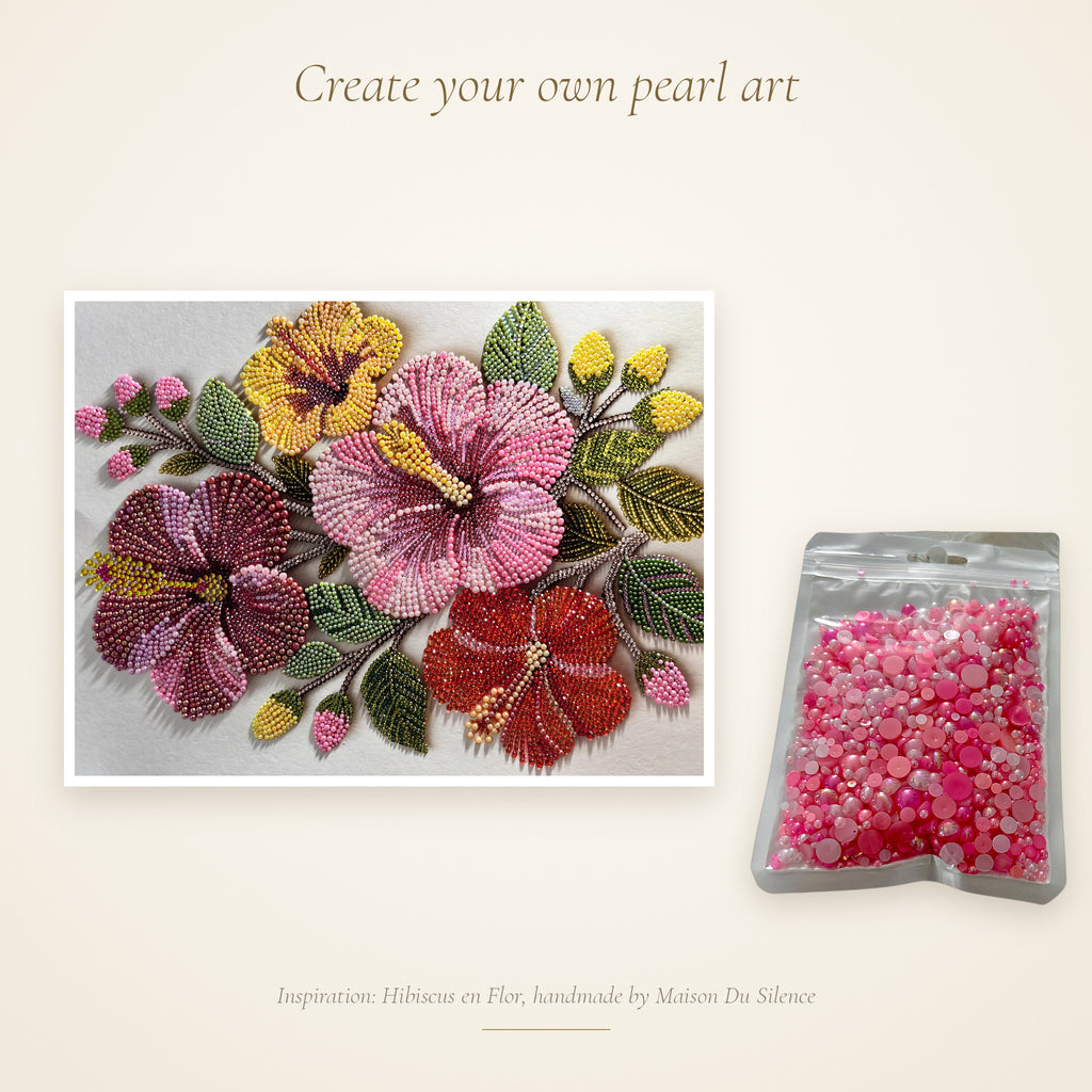 Pink half pearls beside a handmade Maison Du Silence beaded flower artwork for inspiration