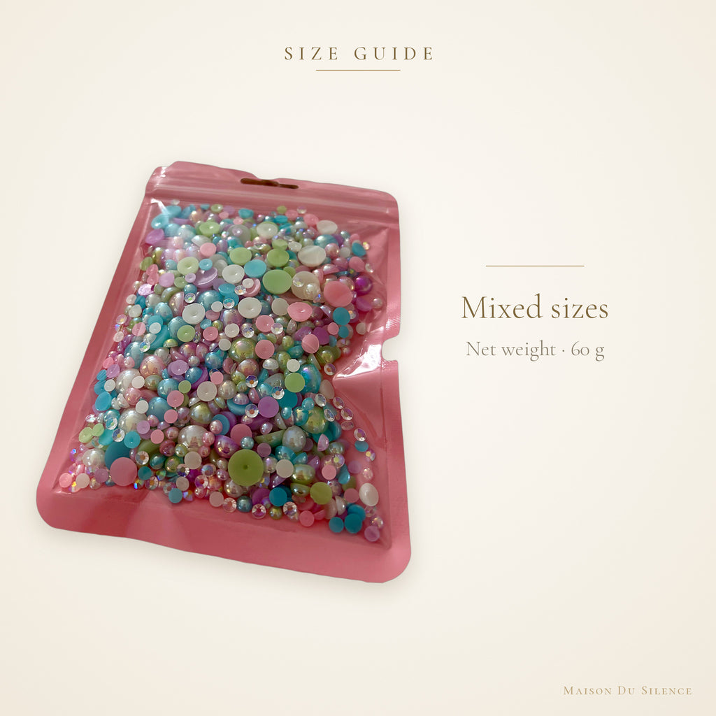 Size guide for pastel AB half pearl mix, 60g, mixed sizes