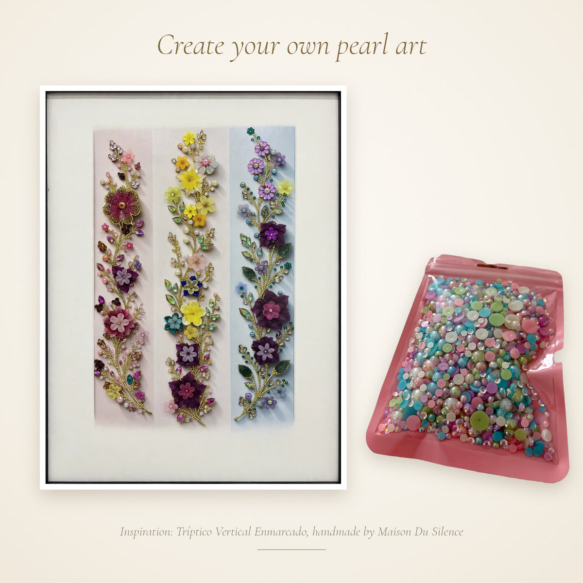 Pastel half pearls beside a handmade Maison Du Silence floral artwork for inspiration