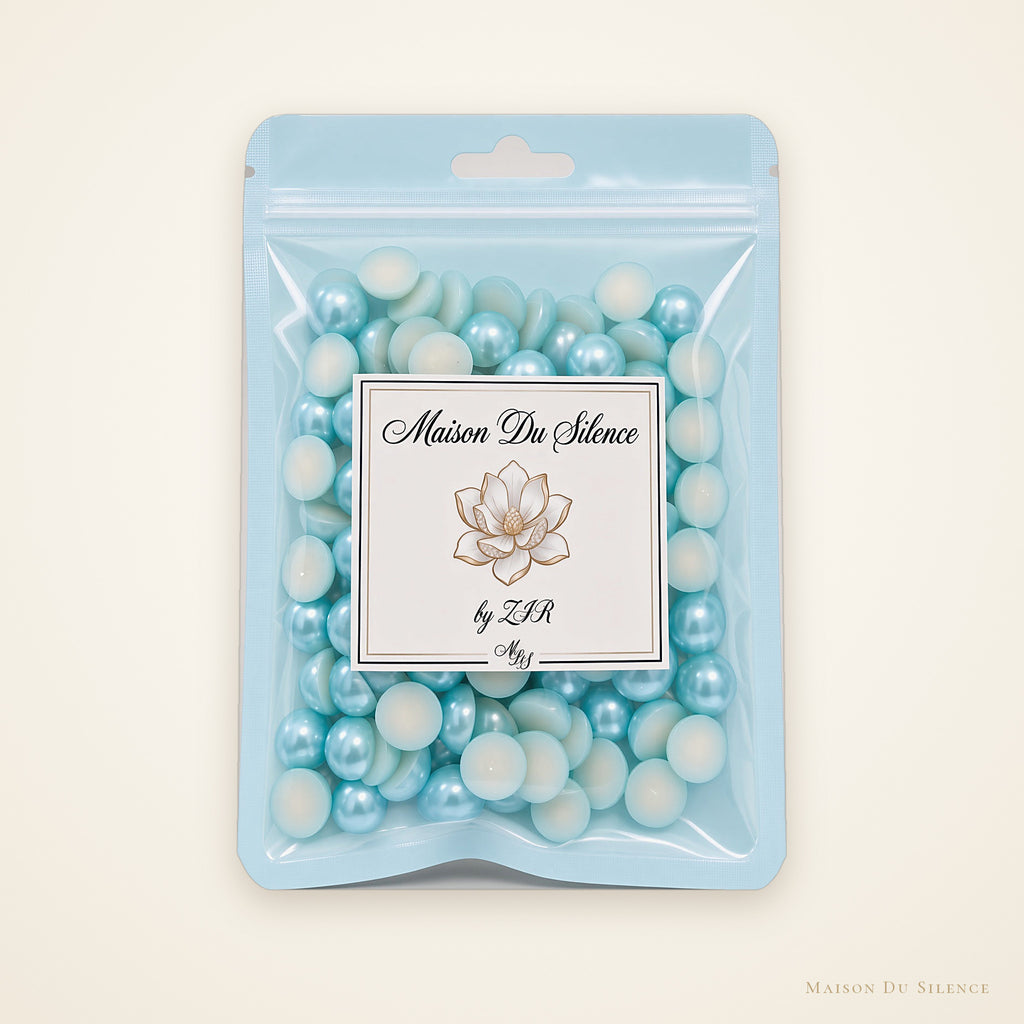 Maison Du Silence bag of aqua teal AB flatback pearls, 10 mm, 60g
