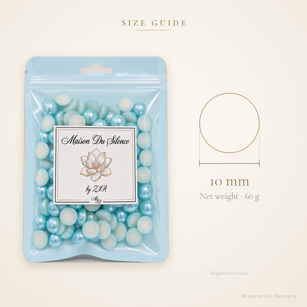 Size guide for aqua teal AB flatback pearls, 10 mm, 60g