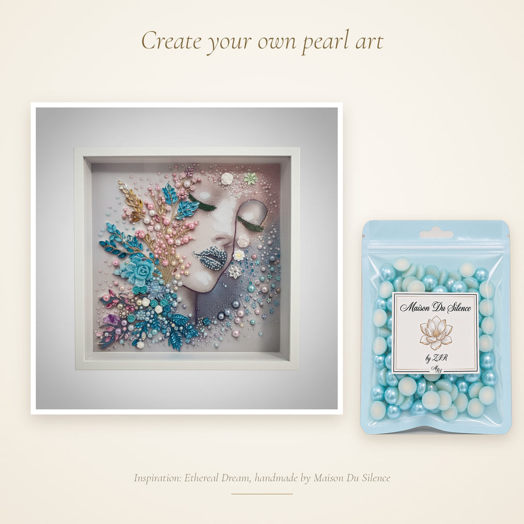 Aqua teal pearls beside a handmade Maison Du Silence crystal and pearl artwork for inspiration