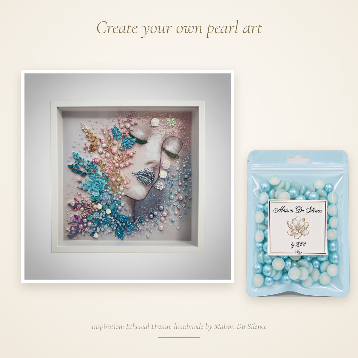 Aqua teal pearls beside a handmade Maison Du Silence crystal and pearl artwork for inspiration