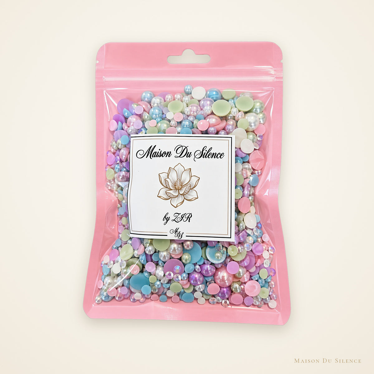Pink bag of Pastel Dream bead mix, 60g, in pastel pink, lavender, blue, green and white