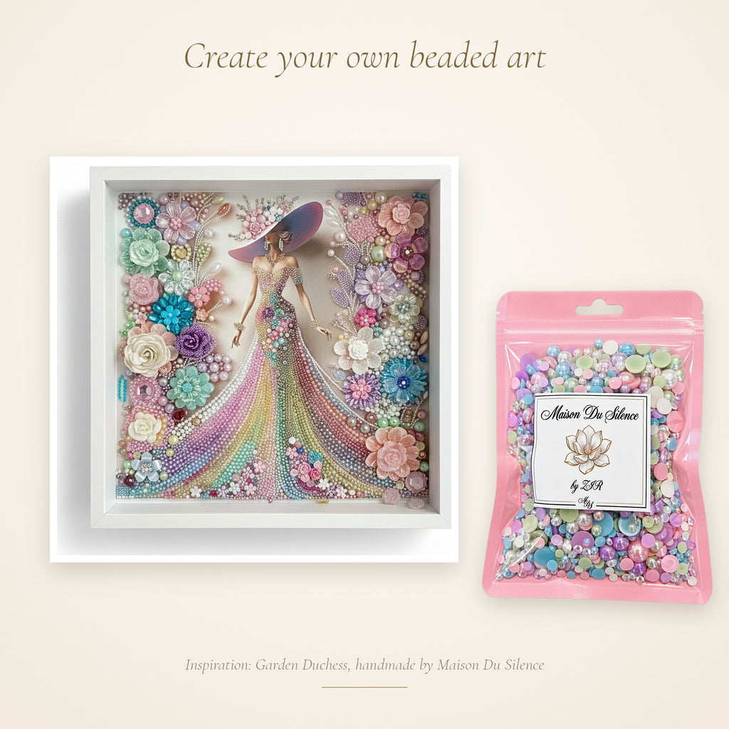 Pastel bead mix beside a handmade Maison Du Silence pearl artwork for inspiration