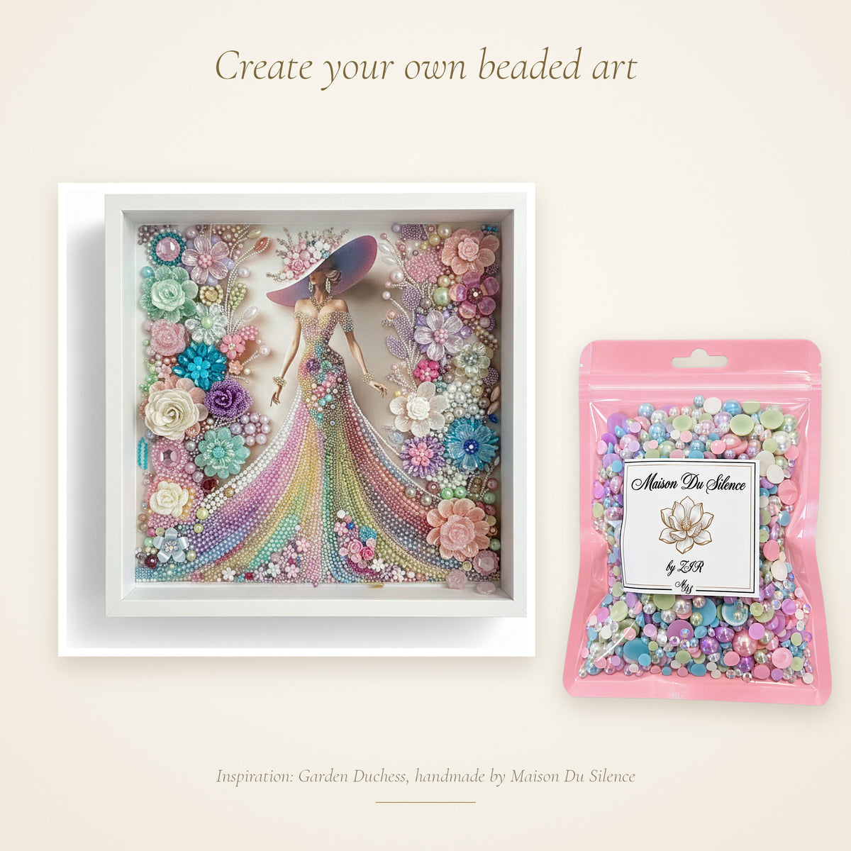 Pastel bead mix beside a handmade Maison Du Silence pearl artwork for inspiration