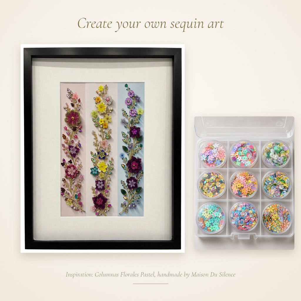 Mystery sequin kit beside a handmade Maison Du Silence beaded artwork for inspiration