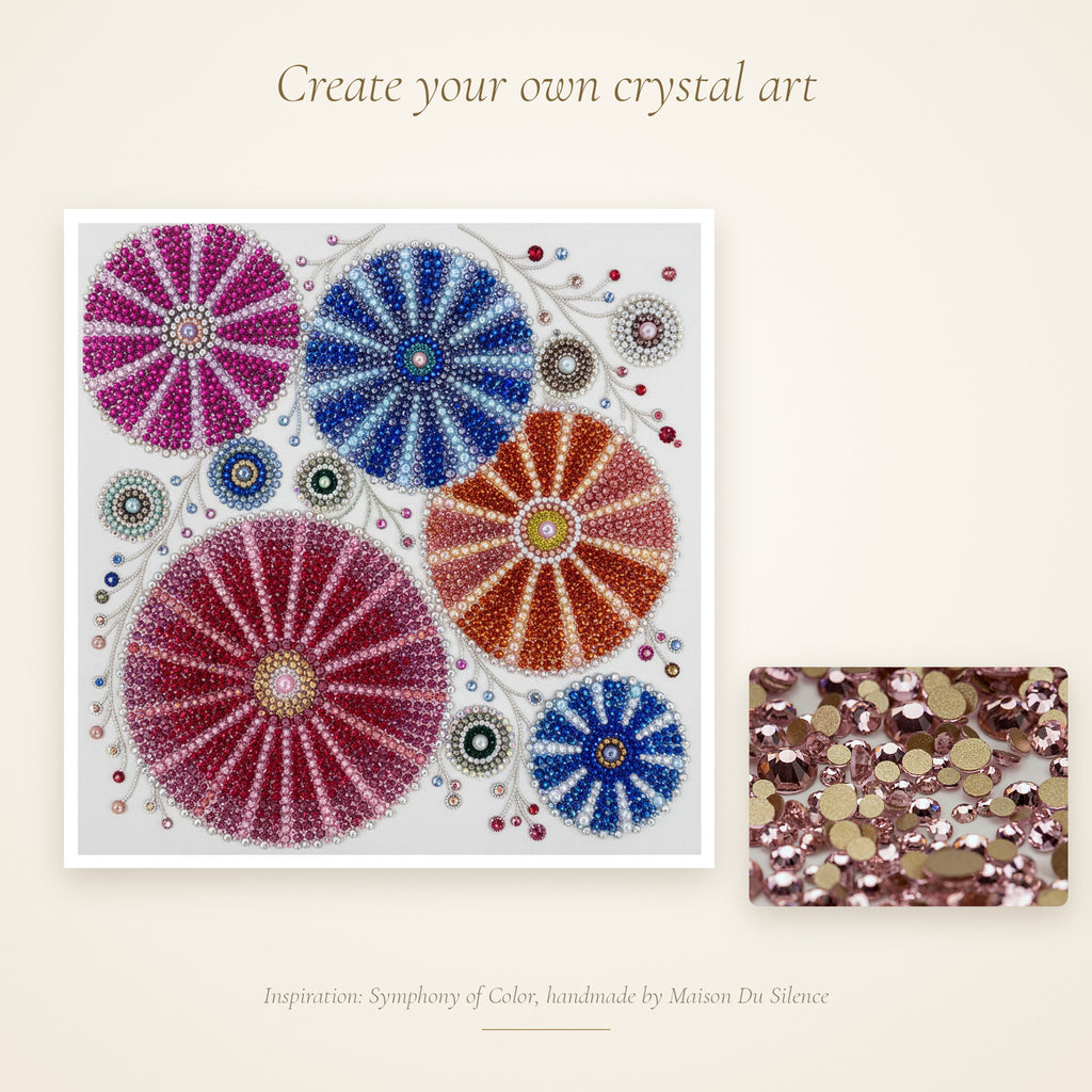 Pink rhinestones beside a handmade Maison Du Silence rhinestone artwork for inspiration
