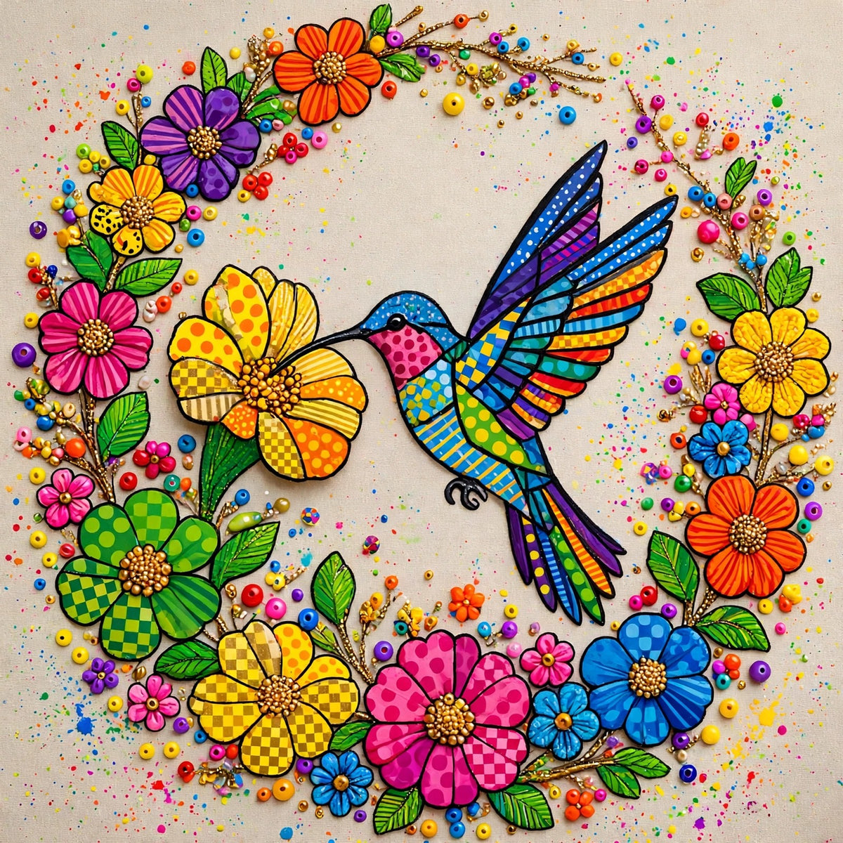 Pop Hummingbird - colorful pop-art hummingbird with patchwork flowers, fine art print