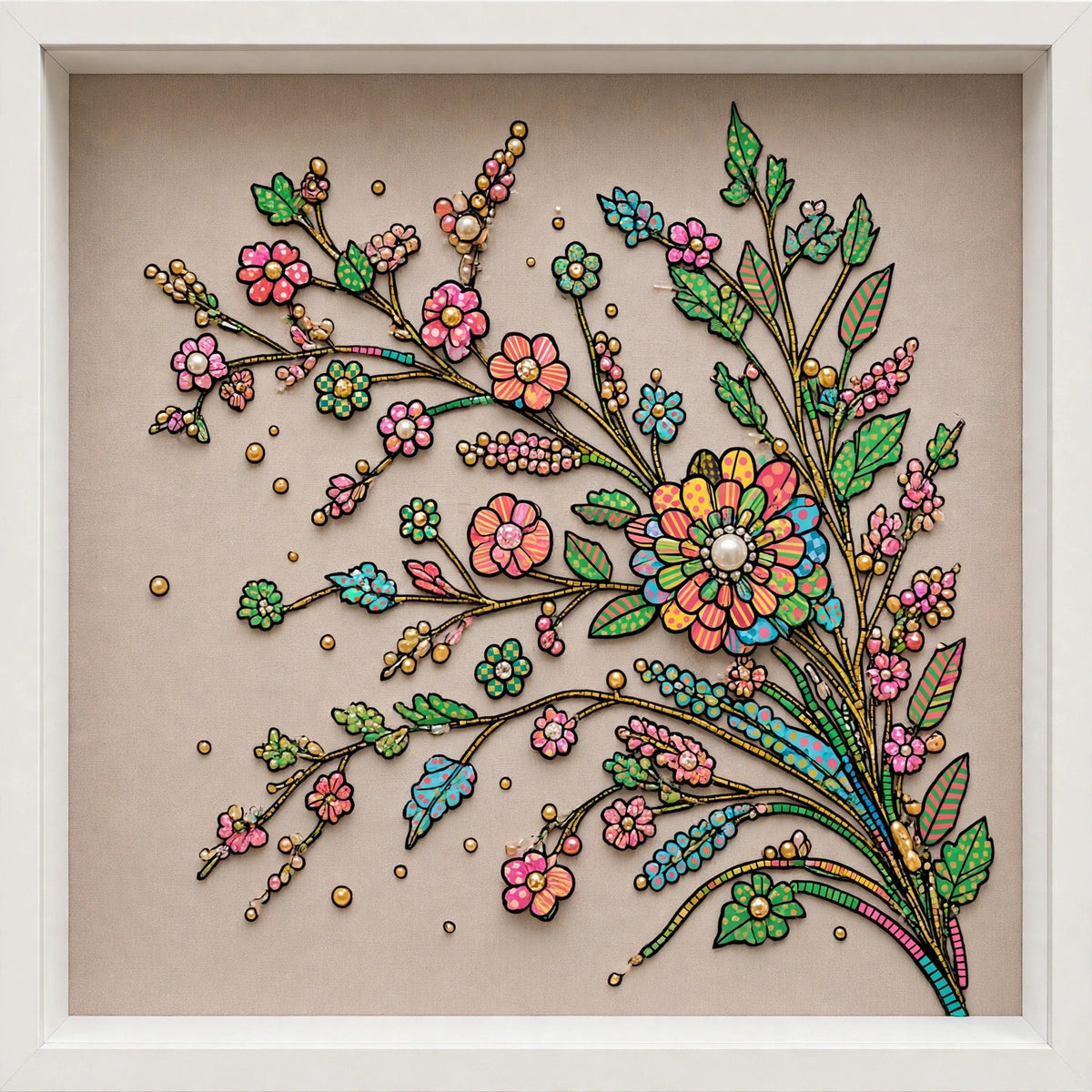Pastel Pop Branch - delicate flowering branch in pop-art patchwork style, fine art print