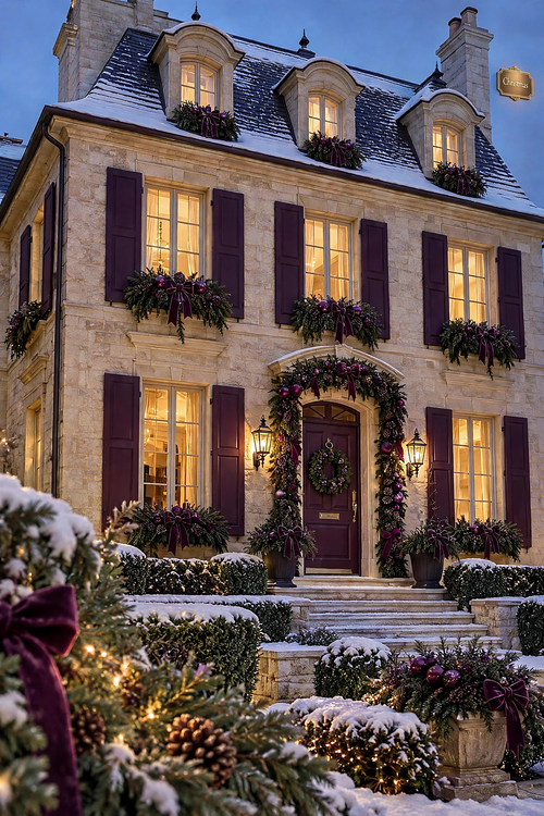 Amethyst Mansion — stone mansion with amethyst door and shutters, warm lit windows and snow at winter dusk
