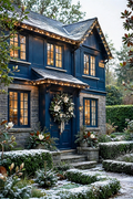 Sapphire House — deep sapphire house with a white magnolia wreath, warm lights and snow