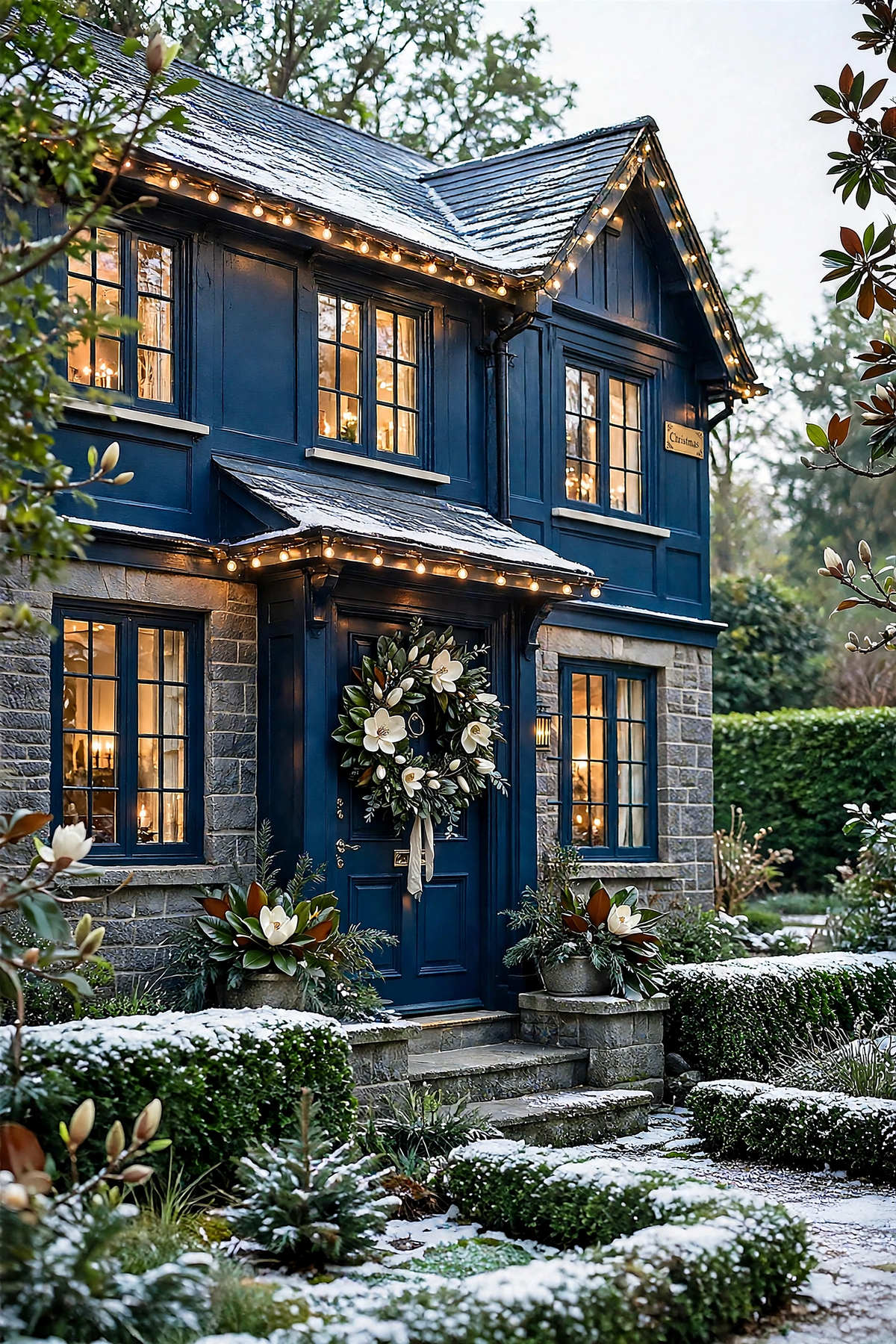 Sapphire House — deep sapphire house with a white magnolia wreath, warm lights and snow