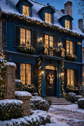 Petrol House — deep petrol blue house with champagne-gold bows and warm windows at nightfall