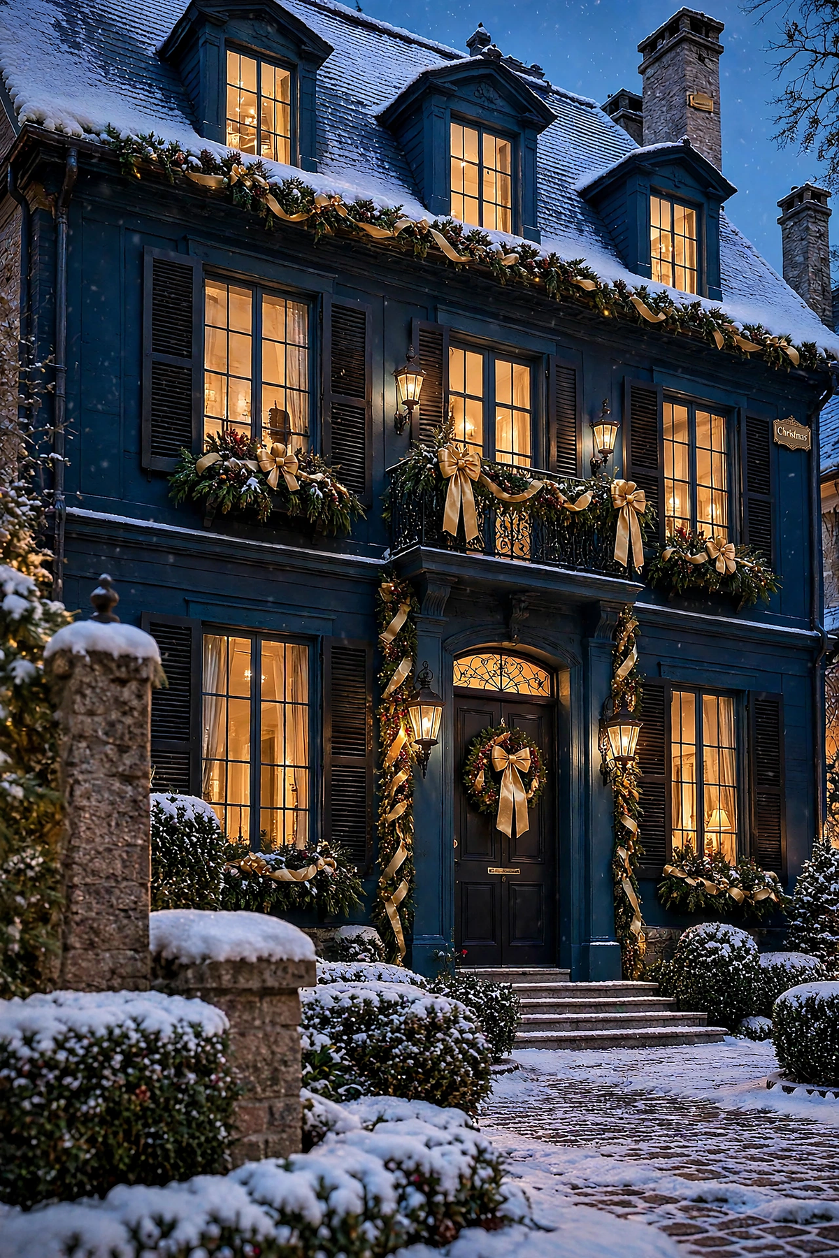 Petrol House — deep petrol blue house with champagne-gold bows and warm windows at nightfall