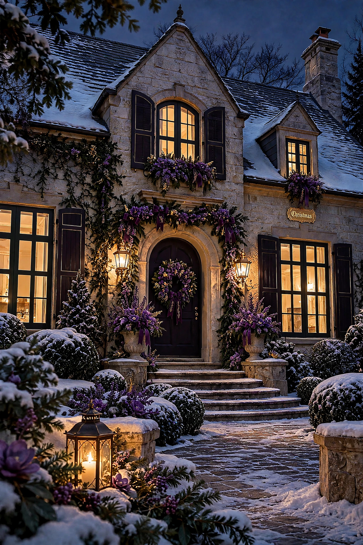 Lavender House — stone house in lavender tones with dark plum doors and shutters and warm windows in the snow