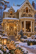 Champagne Victorian — champagne gold Victorian house glowing in the snow