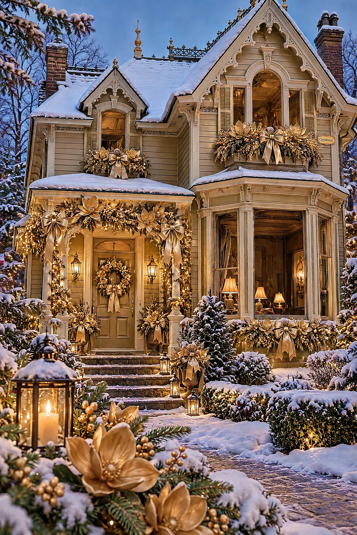 Champagne Victorian — champagne gold Victorian house glowing in the snow