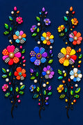 Three flowering stems in bold vibrant color on deep blue