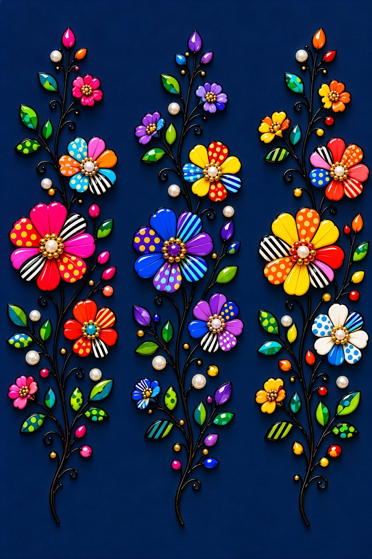 Three flowering stems in bold vibrant color on deep blue