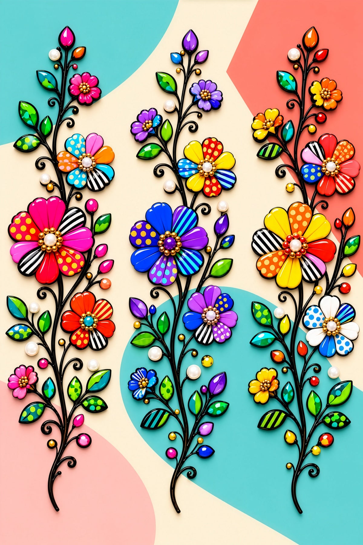 Three flowering stems in bold vibrant color on an ivory background