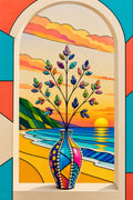 Patterned vase with flowering branches before a beach sunset