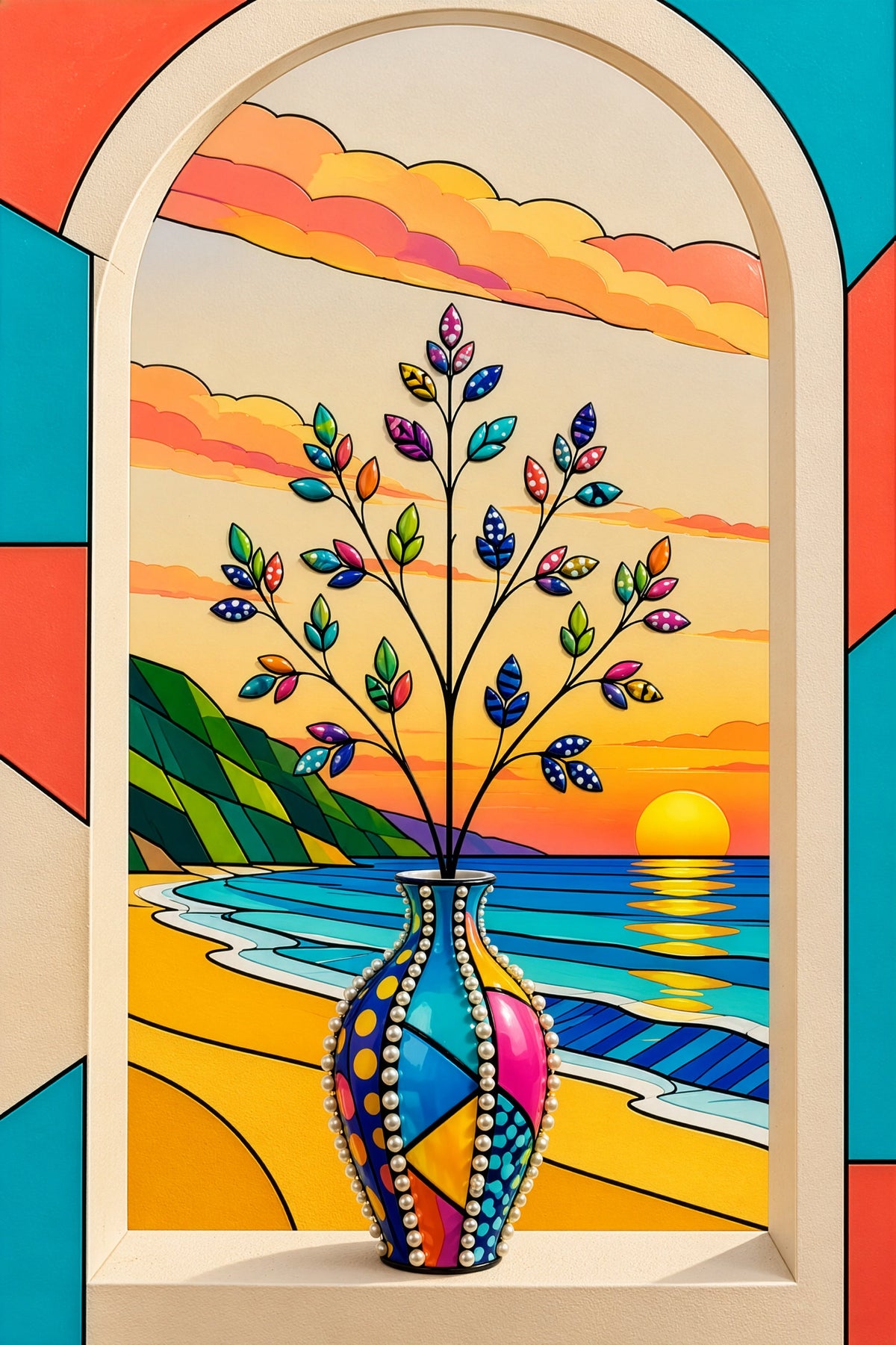 Patterned vase with flowering branches before a beach sunset