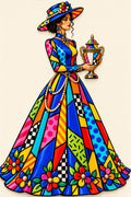 Elegant lady in a patchwork gown holding a golden amphora