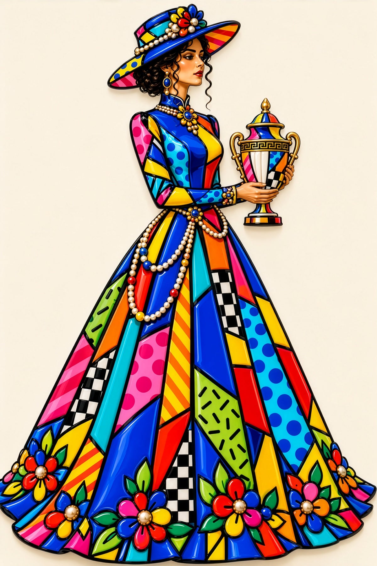 Elegant lady in a patchwork gown holding a golden amphora