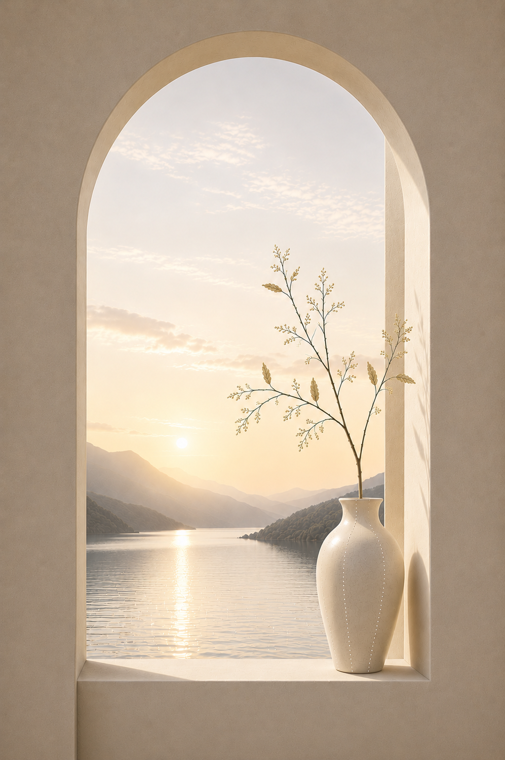 Serene Stillness – white ceramic vase with delicate botanical branches framed by an arched window overlooking a tranquil mountain lake at golden hour