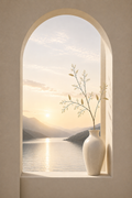 Serene Stillness – white ceramic vase with delicate botanical branches framed by an arched window overlooking a tranquil mountain lake at golden hour