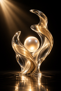 First Light — a pearl cradled in swirling crystal ribbons over dark water, first rays of light