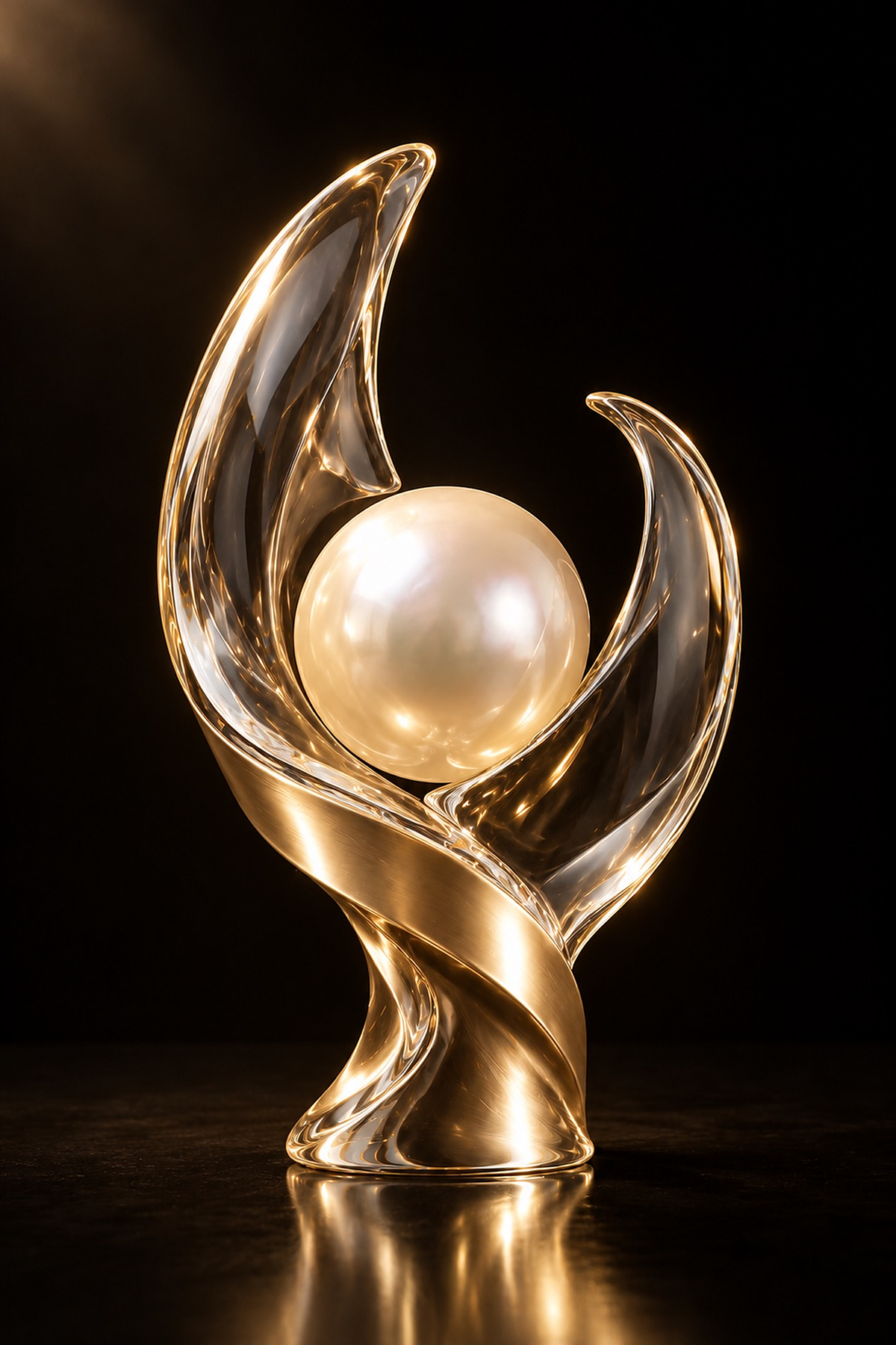 The World, Held Gently — a pearl cradled in golden crescent crystal arms