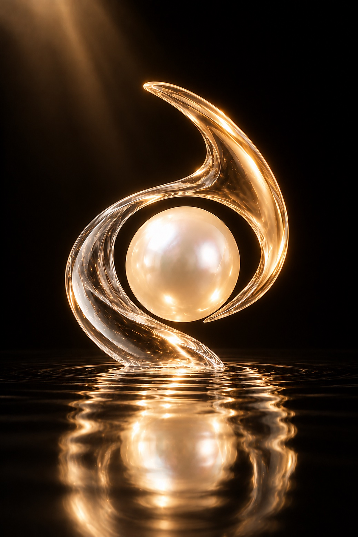 Between Heaven and Water — a pearl in a swirling crystal ribbon over dark reflective water