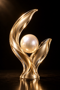 Still Shining — a glowing pearl between golden crystal leaves