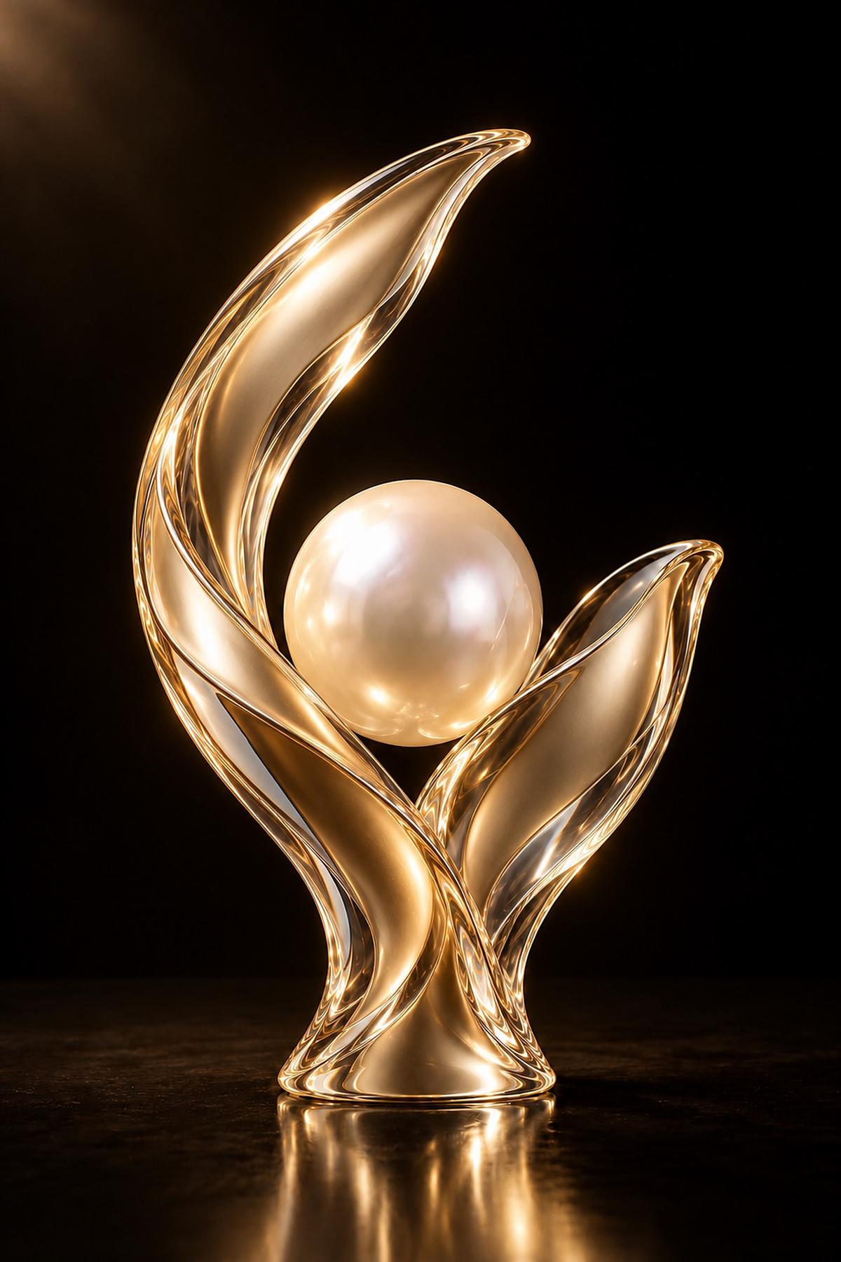 Still Shining — a glowing pearl between golden crystal leaves